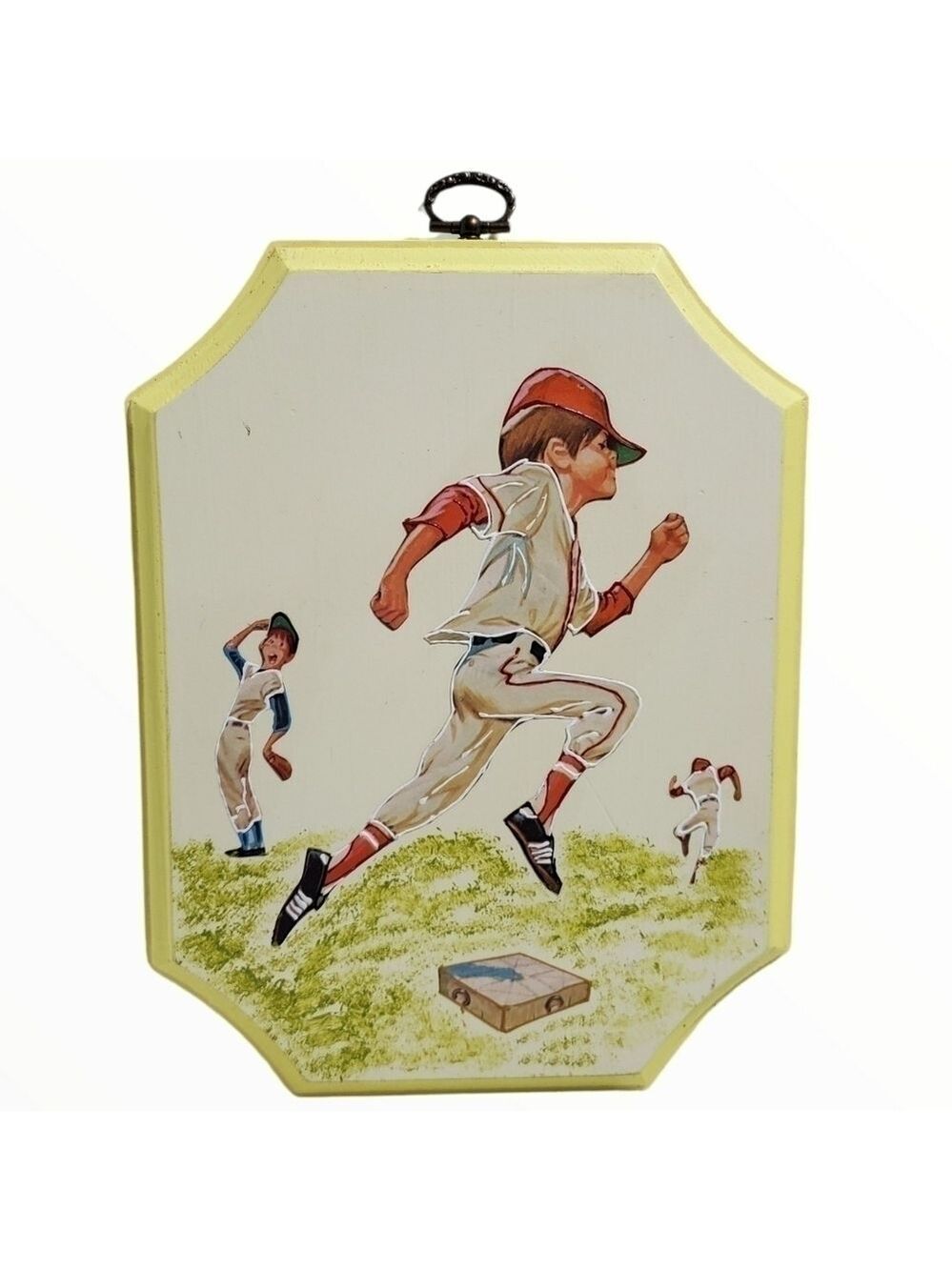 Vintage wood handpainted boys baseball wall plaque